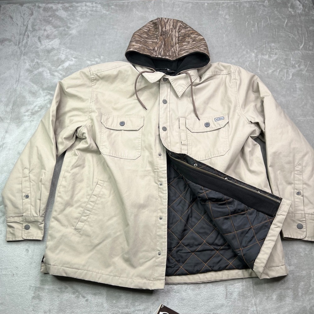 Drake Campfire Canvas Shirt Jac Hoodie Mens 2XL Khaki Camo Quilted Lining